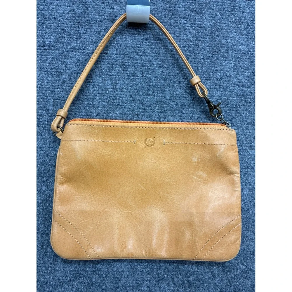 Leather Born Tan Wristlet Clutch Zip Top Pouch Tan Honey Orange Zip